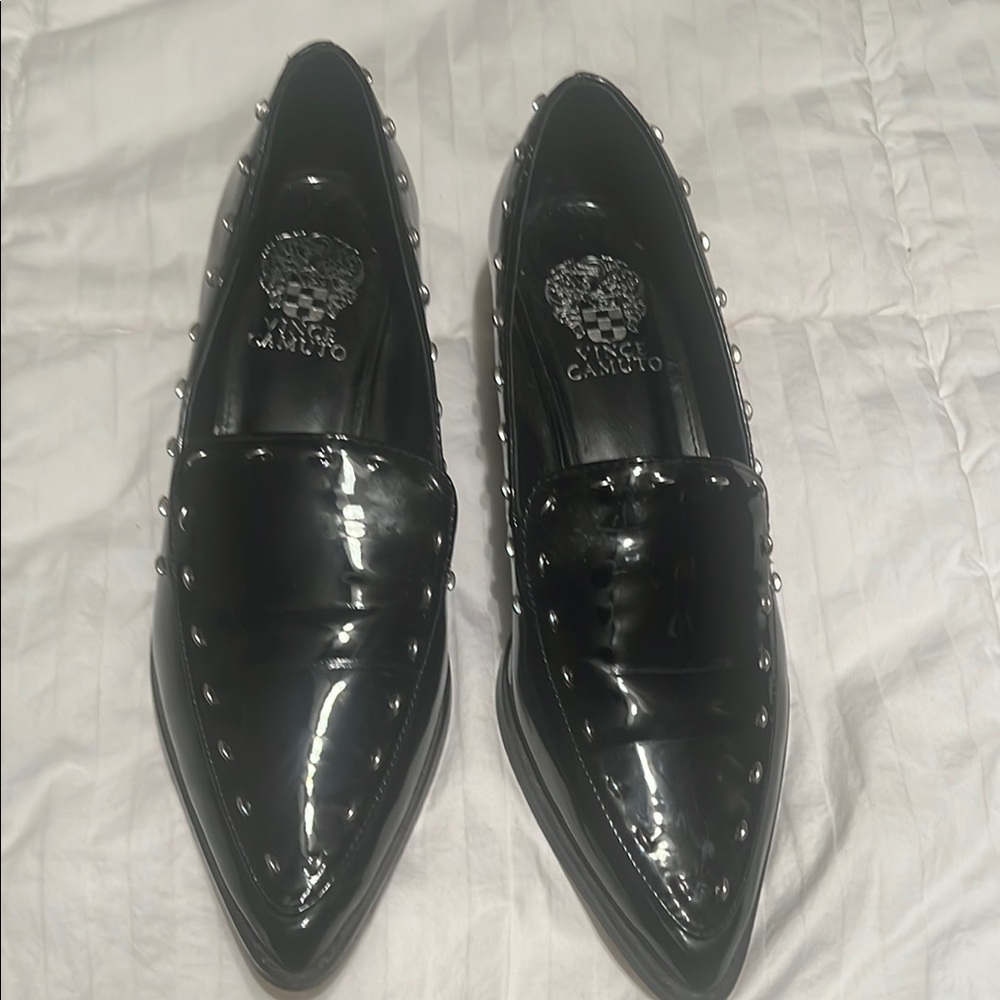Vince Camuto Black Glossy Flats with Metal Accent